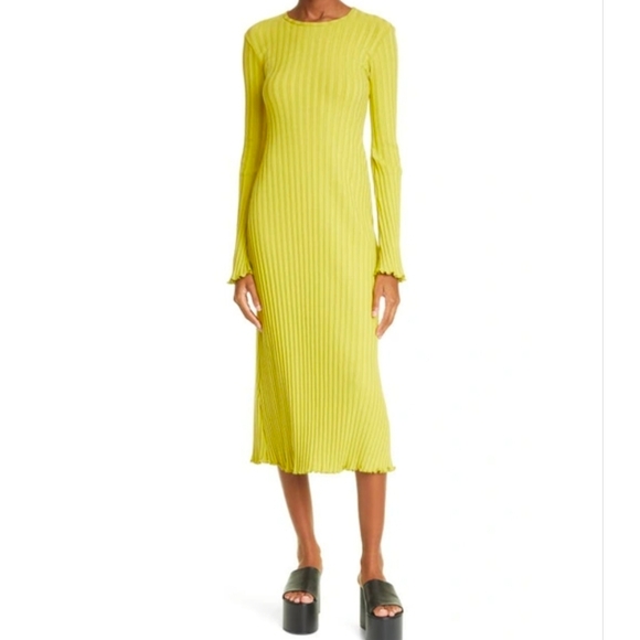 Simon Miller Dresses & Skirts - Simon Miller Size XS Stretch Ribbed Knit Long Sleeve Midi Dress Chartreuse Lime